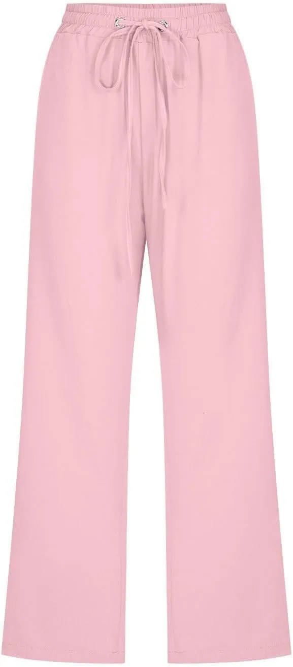 Linen Pants Women Capri Leg Pants Drawstring Elastic Trousers Comfy Straight Leg Capri Trousers 2025 Vacation