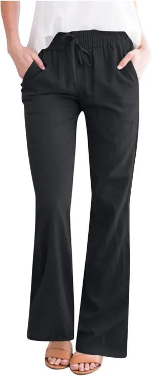 Linen Pants Women Casual Linen High Waist Pants Vacation Travel Pants Drawstring Loose Summer Trousers with Pockets