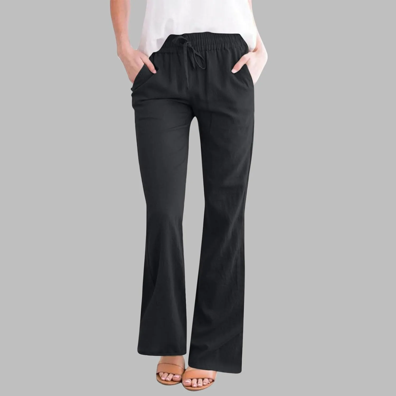 Linen Pants Women Casual Linen High Waist Pants Vacation Travel Pants Drawstring Loose Summer Trousers with Pockets