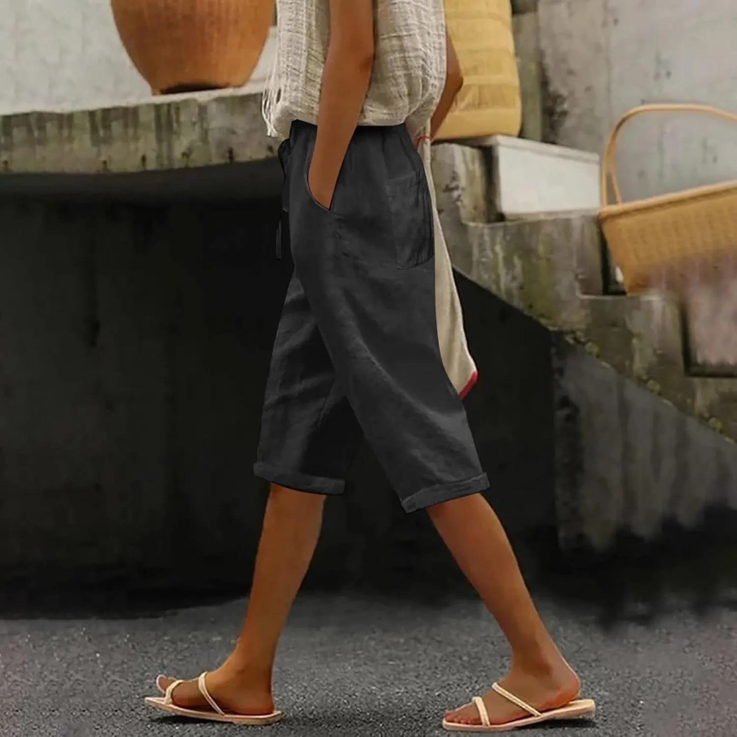 Linen Pants Women Drawstring Elastic Waist Capri Trouser 2025 Summer Boho Beach Cotton Cropped Pant with Pocket