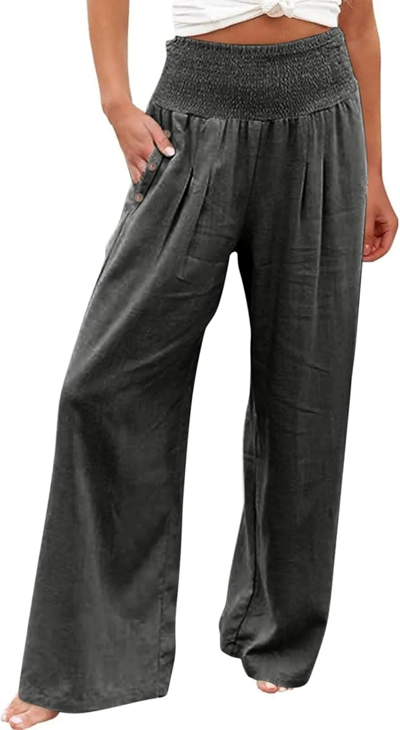 Linen Pants Women Petite Length Womens Linen Pants Casual Straight Fit Elastic Waisted Drawsting Trousers Pockets