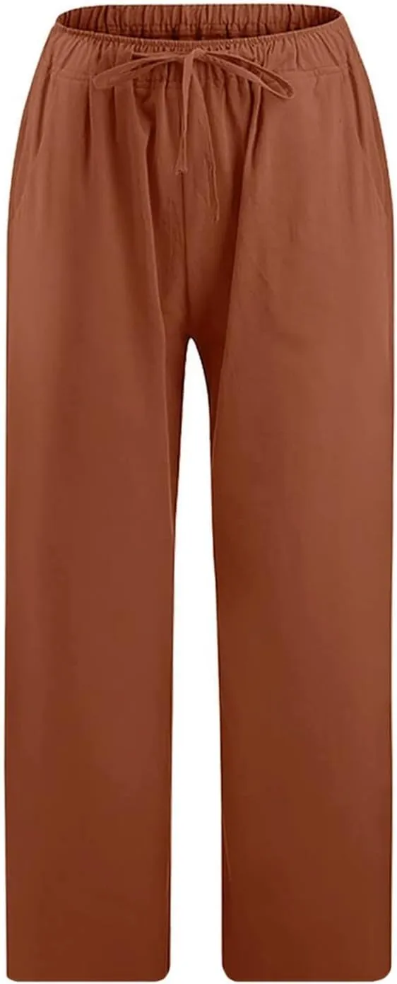 Linen Pants Women Petite Length Womens Linen Pants Casual Straight Fit Elastic Waisted Drawsting Trousers Pockets