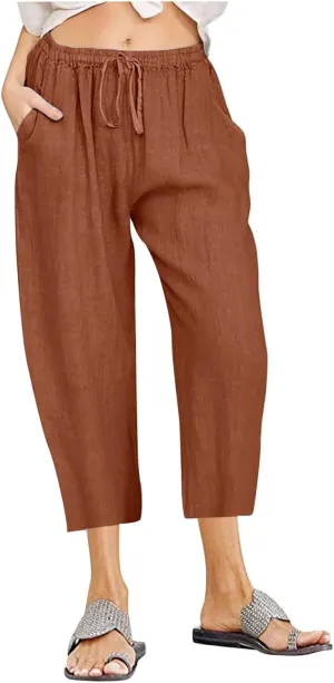 Linen Pants Women Petite Length Womens Linen Pants Casual Straight Fit Elastic Waisted Drawsting Trousers Pockets