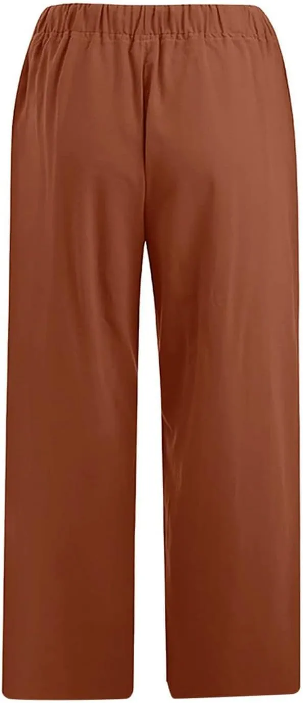 Linen Pants Women Petite Length Womens Linen Pants Casual Straight Fit Elastic Waisted Drawsting Trousers Pockets