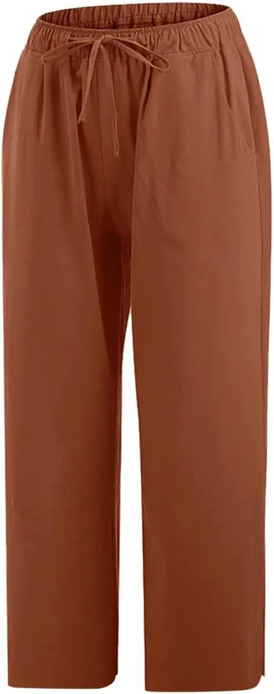 Linen Pants Women Petite Length Womens Linen Pants Casual Straight Fit Elastic Waisted Drawsting Trousers Pockets
