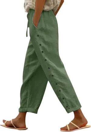 Linen Pants Women Side Button 2025 Summer Trendy Vacation Elastic Waist Straight Leg Capris Casual Cropped Trousers