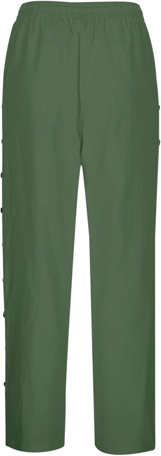 Linen Pants Women Side Button 2025 Summer Trendy Vacation Elastic Waist Straight Leg Capris Casual Cropped Trousers