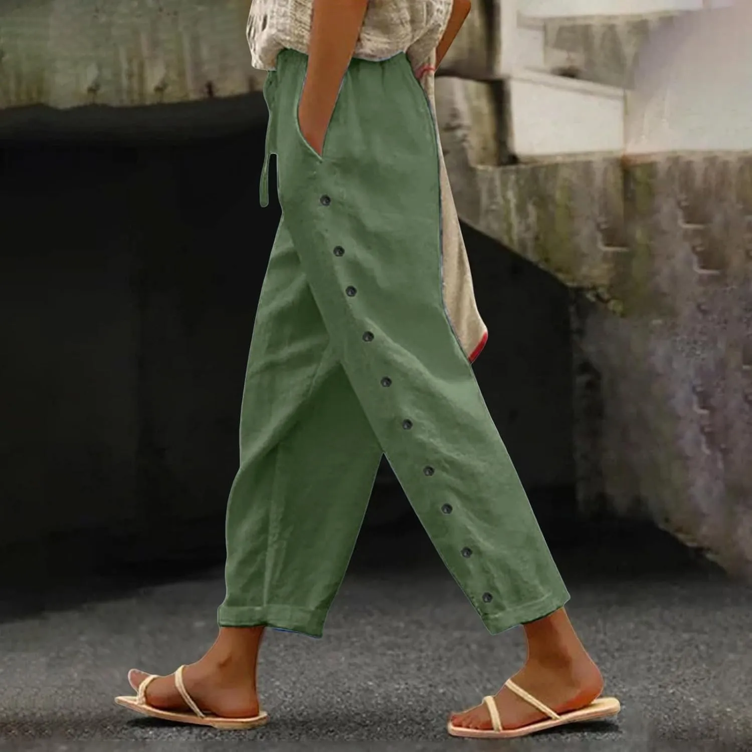 Linen Pants Women Side Button 2025 Summer Trendy Vacation Elastic Waist Straight Leg Capris Casual Cropped Trousers