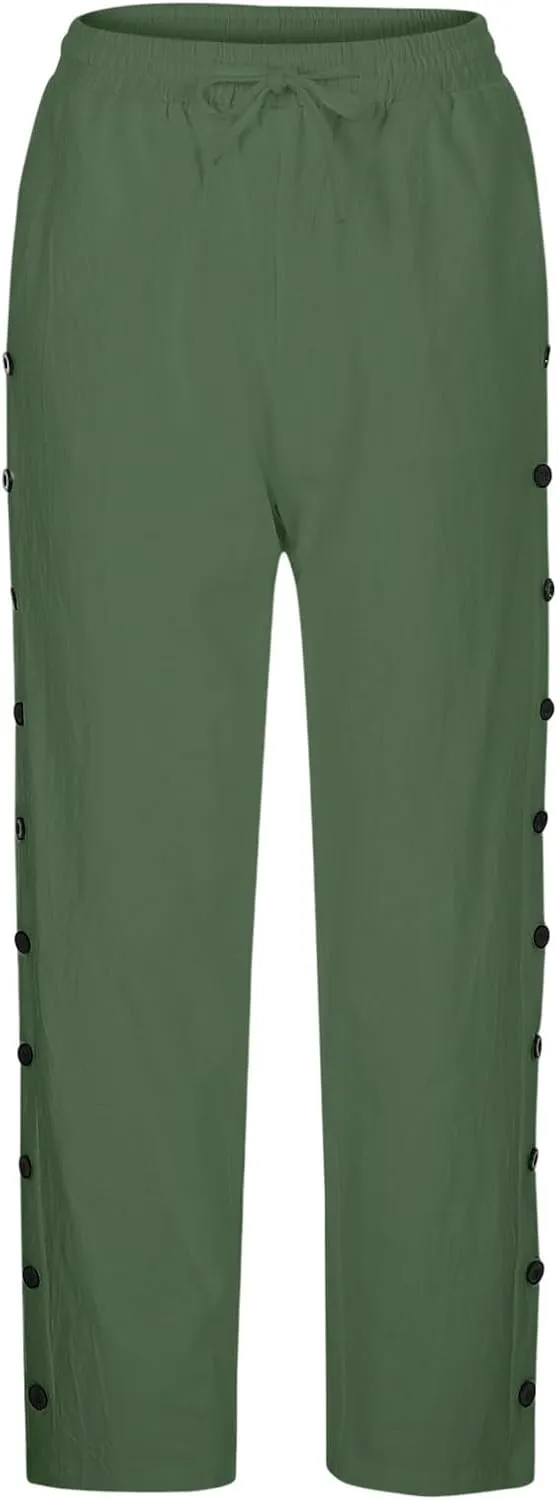 Linen Pants Women Side Button 2025 Summer Trendy Vacation Elastic Waist Straight Leg Capris Casual Cropped Trousers
