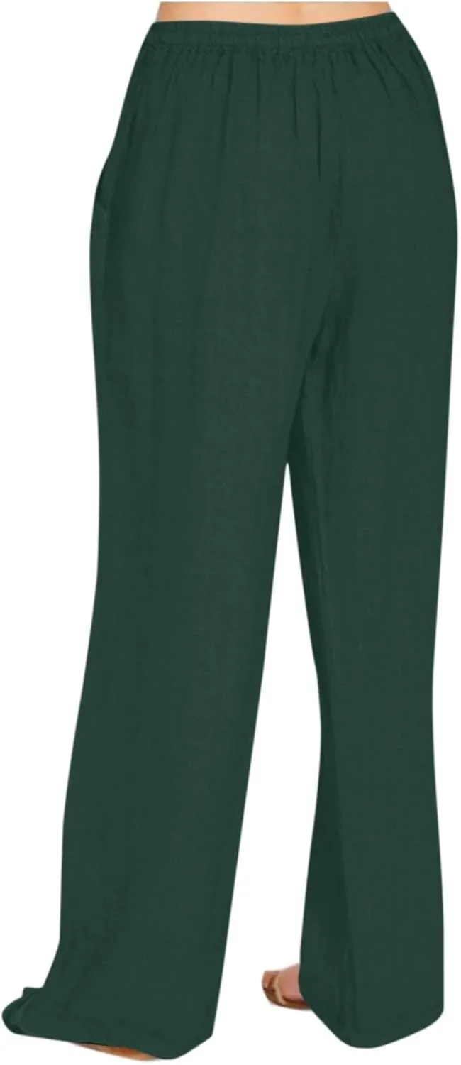 Linen Pants Women Summer Drawstring Waist Wide Leg Loose Cotton Linen Palazzo Pants Vacation Beach Pants with Pockets