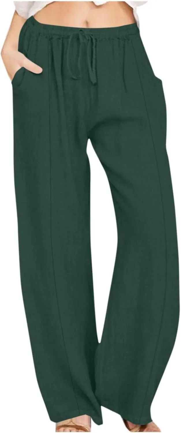 Linen Pants Women Summer Drawstring Waist Wide Leg Loose Cotton Linen Palazzo Pants Vacation Beach Pants with Pockets