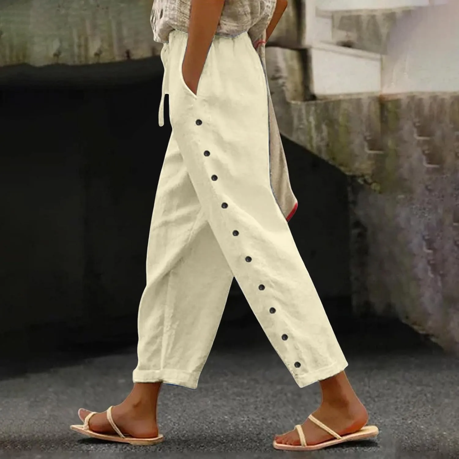 Linen Pants Women Summer Side Button Pants Hight Waist Drawstring Casual Loose Solid Pants with Pockets