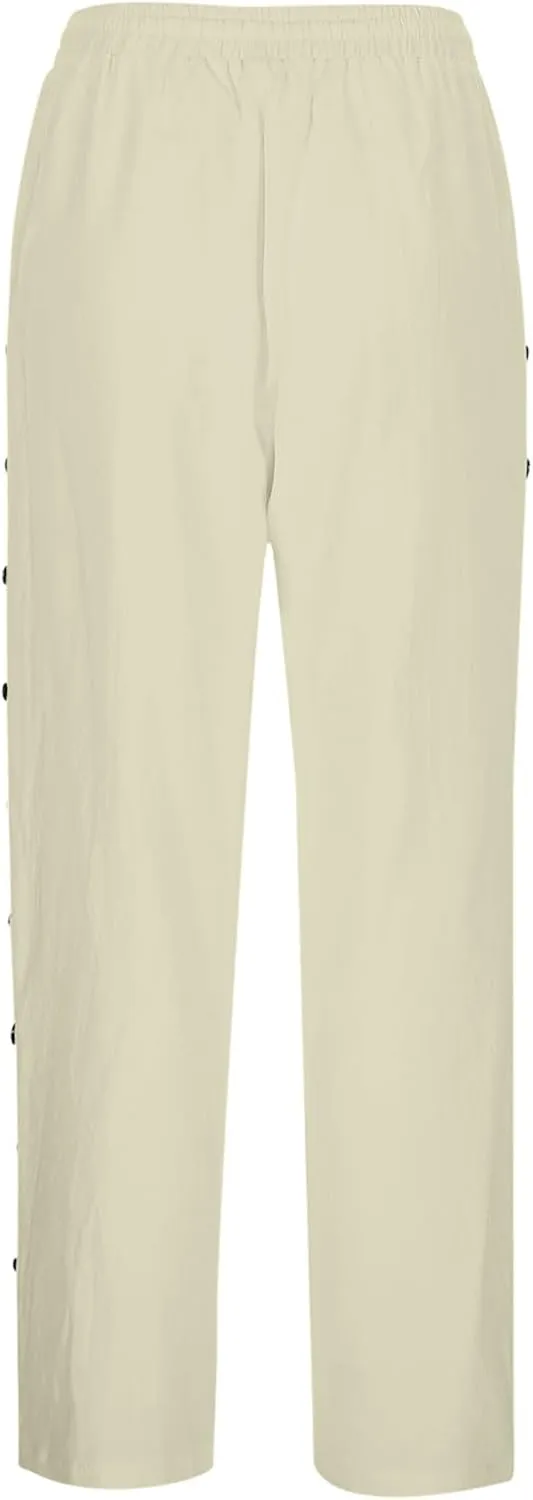 Linen Pants Women Summer Side Button Pants Hight Waist Drawstring Casual Loose Solid Pants with Pockets