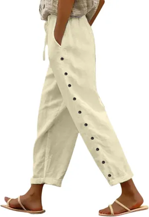 Linen Pants Women Summer Side Button Pants Hight Waist Drawstring Casual Loose Solid Pants with Pockets