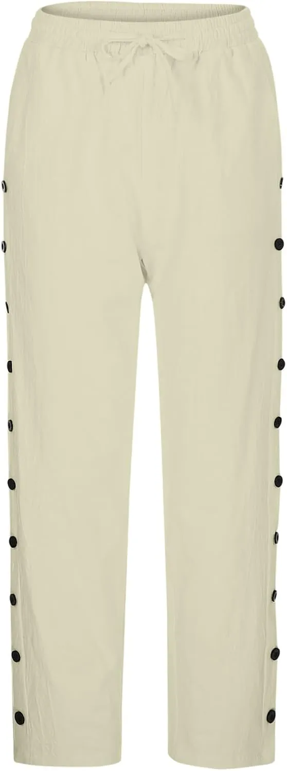Linen Pants Women Summer Side Button Pants Hight Waist Drawstring Casual Loose Solid Pants with Pockets