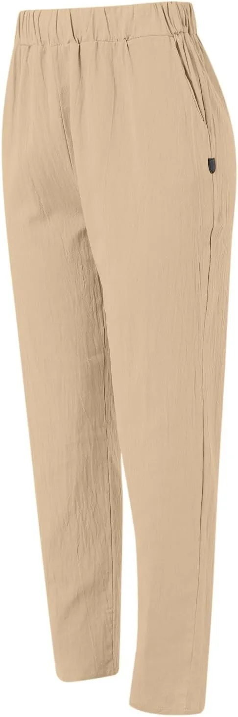 Linen Wide Leg Pants for Woman High Waisted Pull On Button Drawstring Baggy Casual Summer Palazzo Pants with Pockets