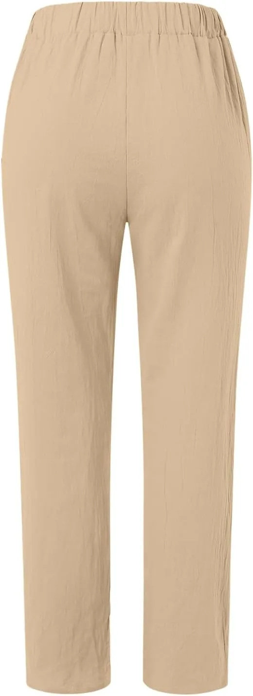 Linen Wide Leg Pants for Woman High Waisted Pull On Button Drawstring Baggy Casual Summer Palazzo Pants with Pockets