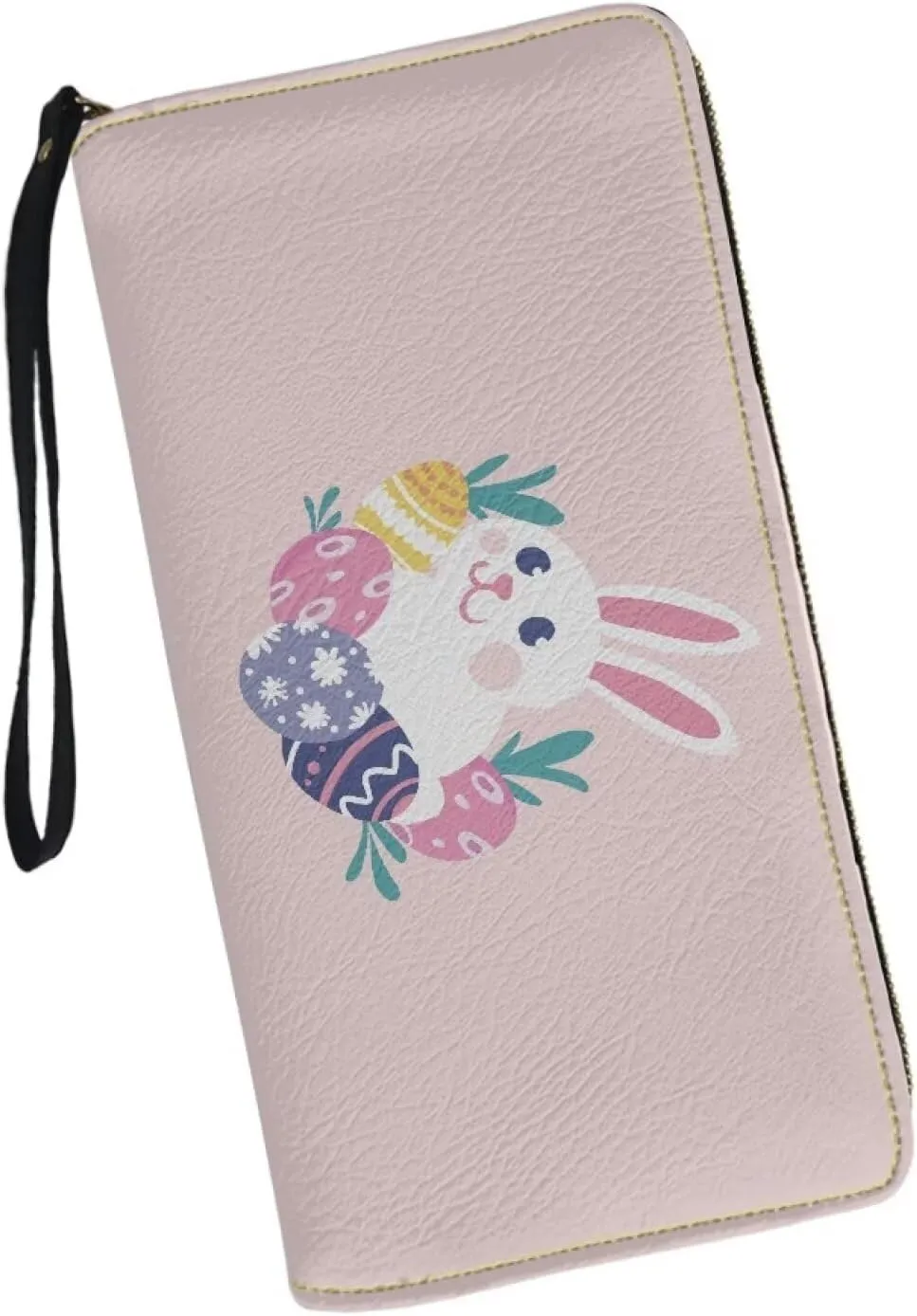 Long Clutch Wallet Cute Pink Easter Bunny Rabbit Eggs Print Travel Clutch Wallet PU Leather Wristlet Purse Stylish Ladies Shopping Long Wristlet Purse for Credit Card, Cash,Coin, Bill