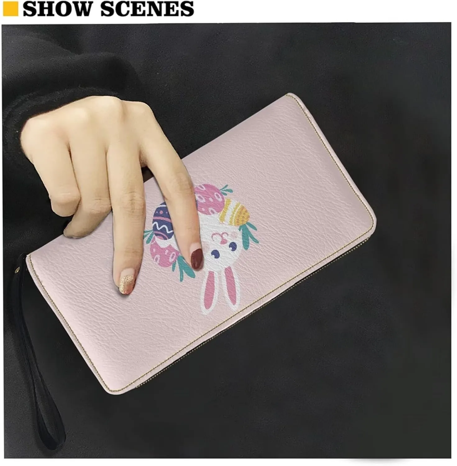 Long Clutch Wallet Cute Pink Easter Bunny Rabbit Eggs Print Travel Clutch Wallet PU Leather Wristlet Purse Stylish Ladies Shopping Long Wristlet Purse for Credit Card, Cash,Coin, Bill