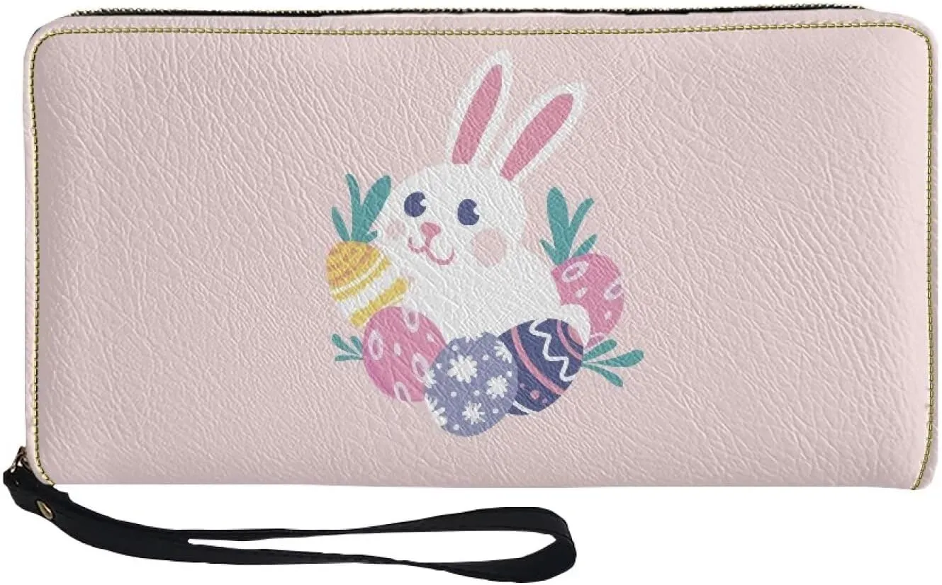 Long Clutch Wallet Cute Pink Easter Bunny Rabbit Eggs Print Travel Clutch Wallet PU Leather Wristlet Purse Stylish Ladies Shopping Long Wristlet Purse for Credit Card, Cash,Coin, Bill
