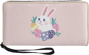 Long Clutch Wallet Cute Pink Easter Bunny Rabbit Eggs Print Travel Clutch Wallet PU Leather Wristlet Purse Stylish Ladies Shopping Long Wristlet Purse for Credit Card, Cash,Coin, Bill