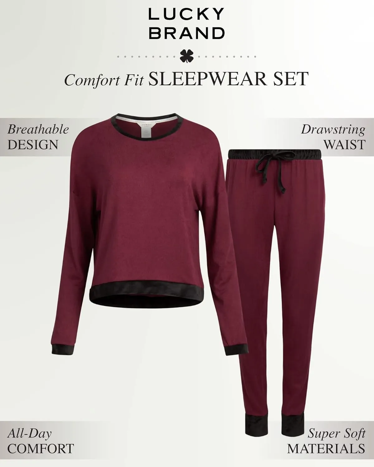 Lucky Brand Women's Pajama Set - 2 Piece Long Sleeve Sleep Shirt and Jogger Pants with Velour Trim (S-XL)
