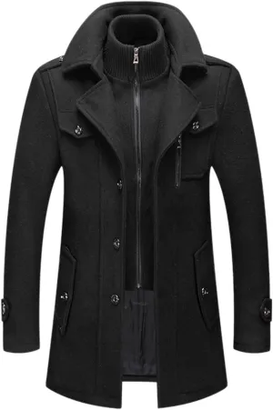 Lu's Chic Men's Winter Business Casual Zip Up Jacket Wool Trench Coat Slim Fit Top Coat Single Breasted Peacoat