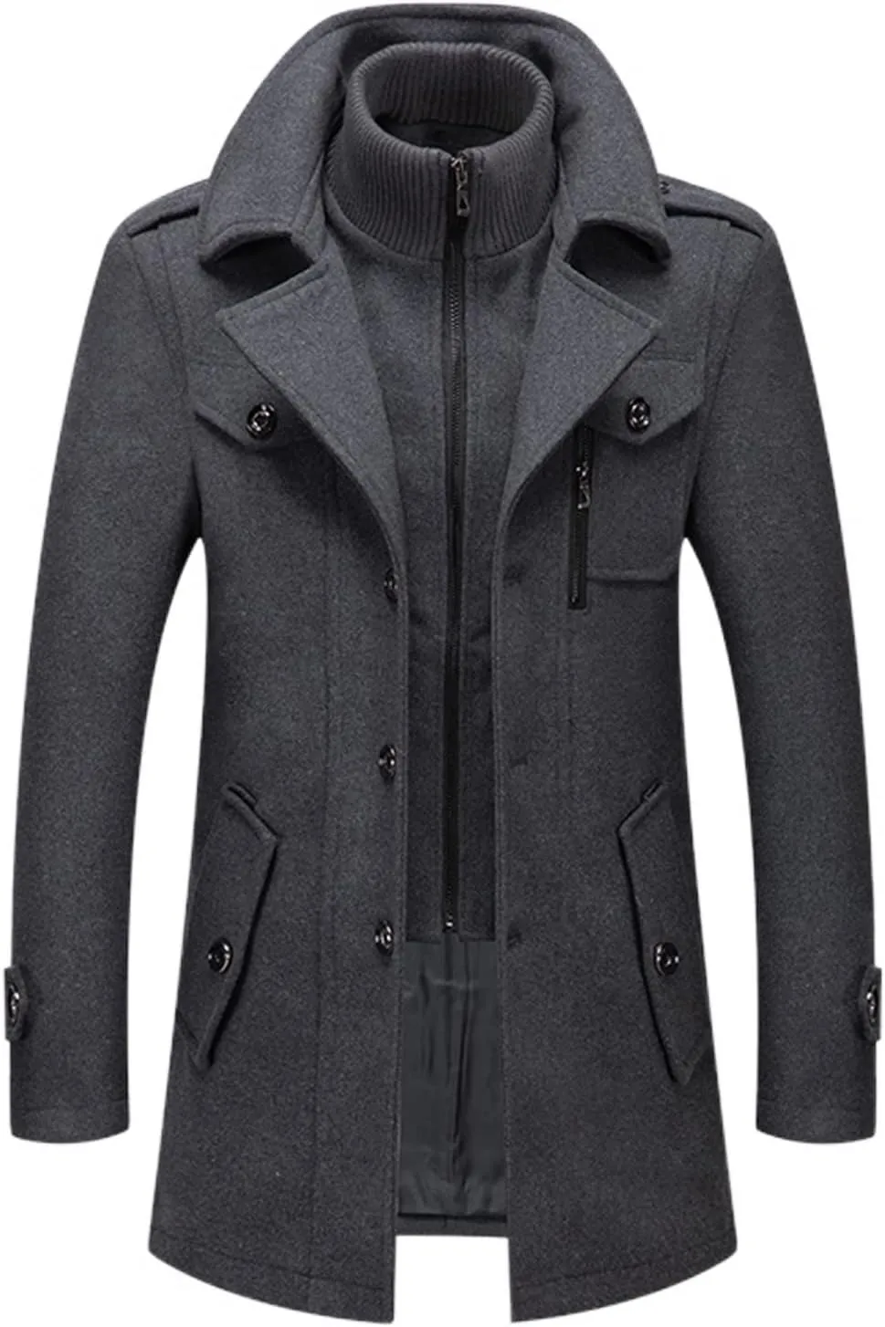 Lu's Chic Men's Winter Business Casual Zip Up Jacket Wool Trench Coat Slim Fit Top Coat Single Breasted Peacoat
