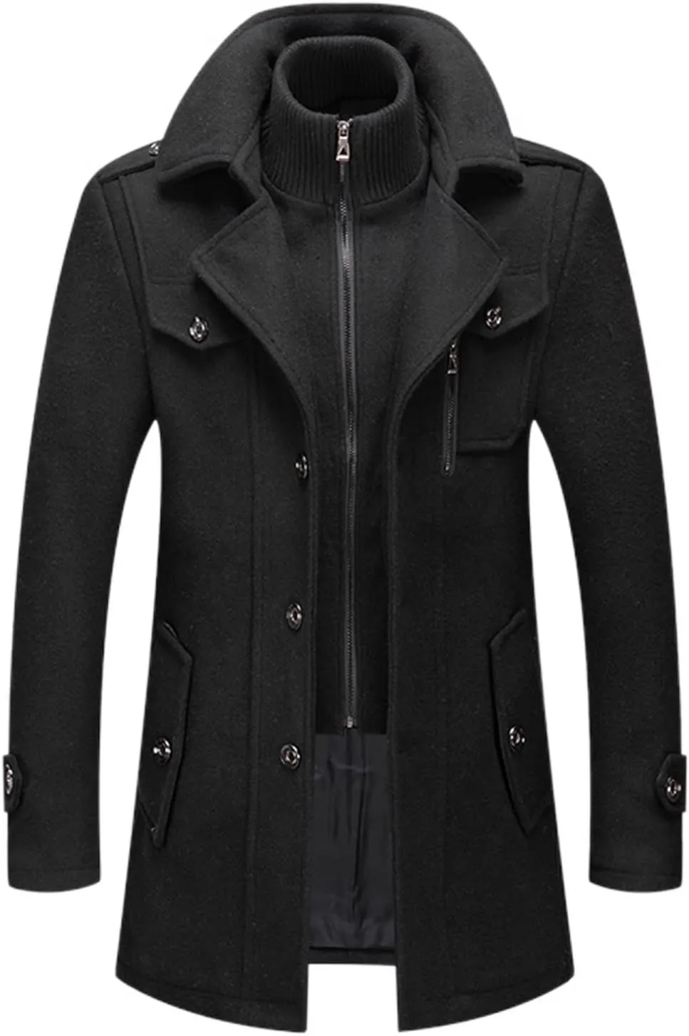 Lu's Chic Men's Winter Business Casual Zip Up Jacket Wool Trench Coat Slim Fit Top Coat Single Breasted Peacoat