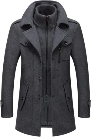 Lu's Chic Men's Winter Business Casual Zip Up Jacket Wool Trench Coat Slim Fit Top Coat Single Breasted Peacoat