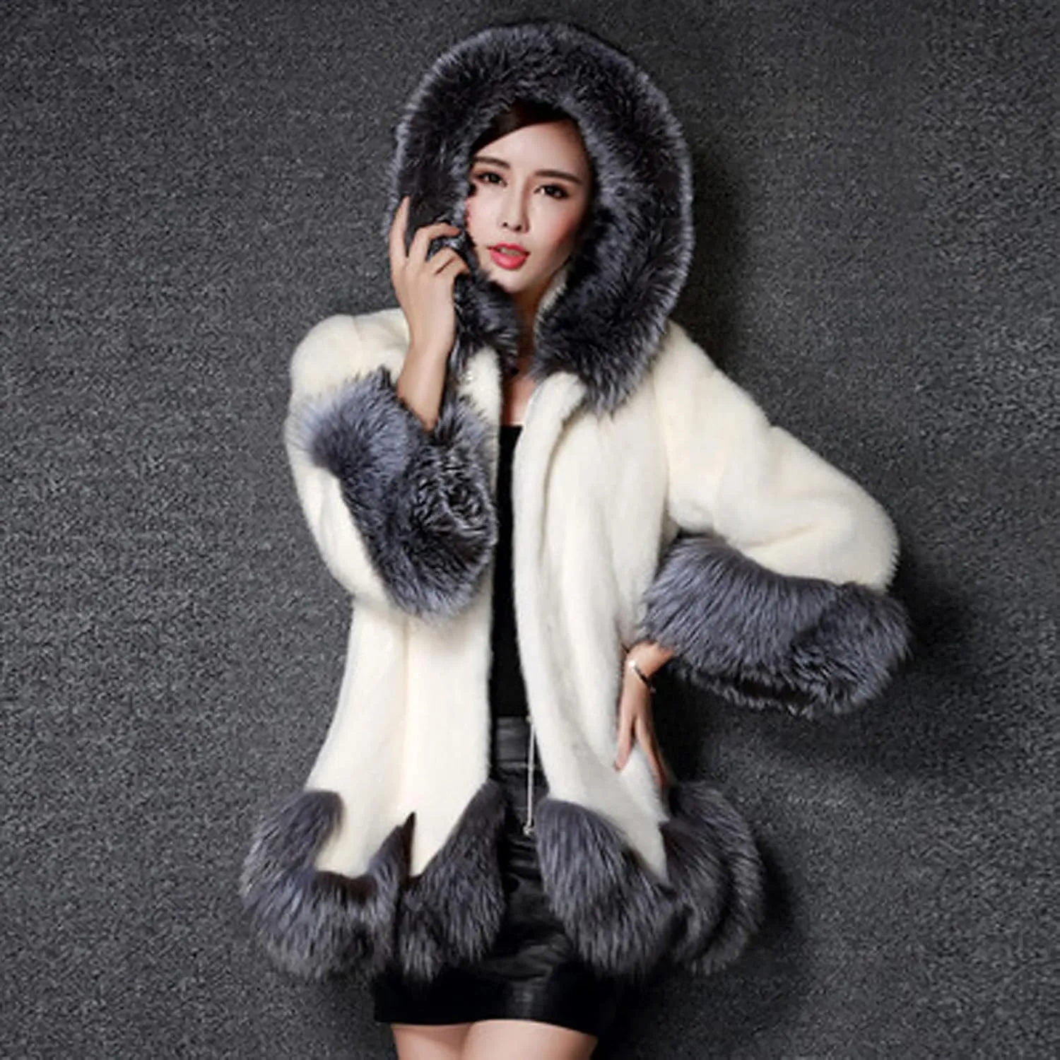 Luxury Faux Fur Coat Women Plus Size Winter Clothes Fluffy Cardigan with Hood Warm Cozy Jackets Fashion Outerwear