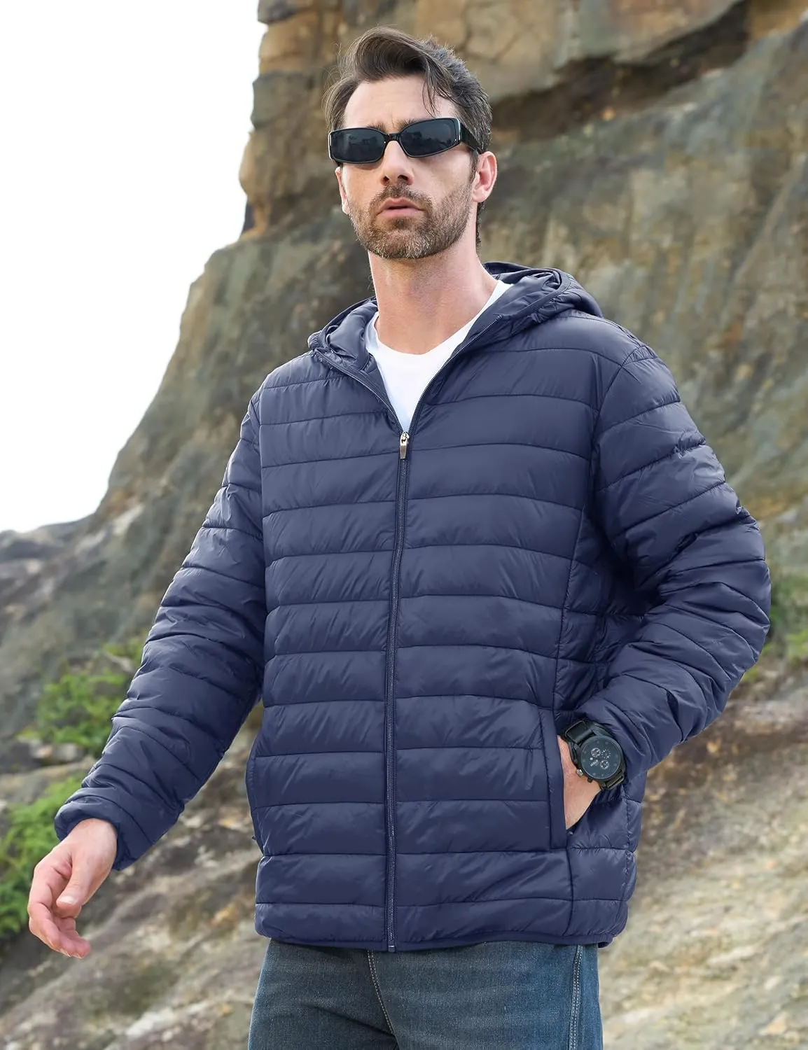 MAGCOMSEN Men's Lightweight Puffer Jacket Hooded Full Zip Water-Resistant Quilted Lined Winter Coats