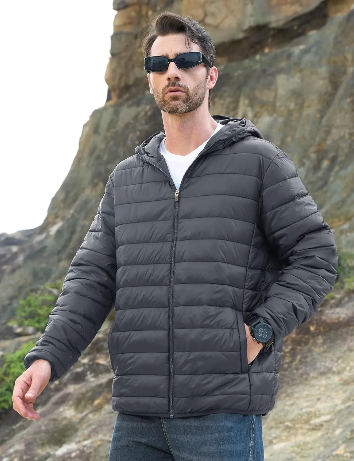 MAGCOMSEN Men's Lightweight Puffer Jacket Hooded Full Zip Water-Resistant Quilted Lined Winter Coats