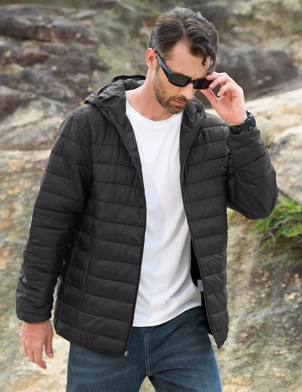 MAGCOMSEN Men's Lightweight Puffer Jacket Hooded Full Zip Water-Resistant Quilted Lined Winter Coats