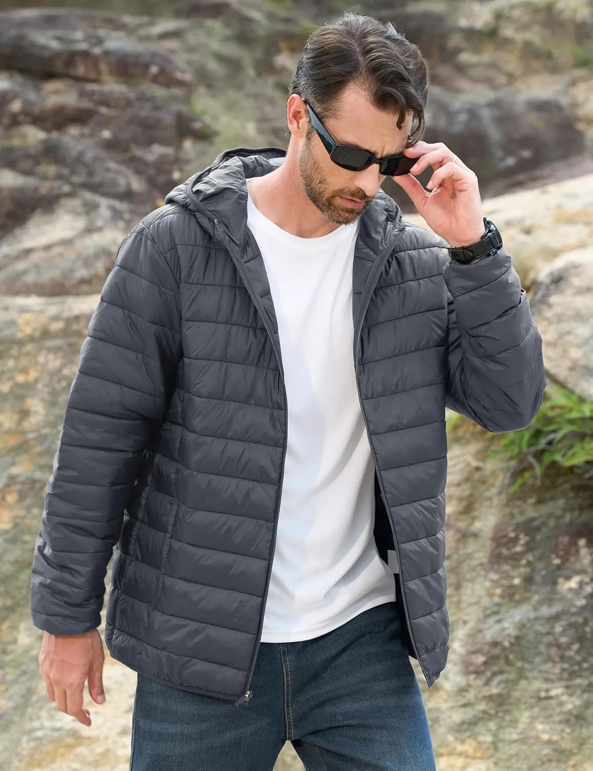 MAGCOMSEN Men's Lightweight Puffer Jacket Hooded Full Zip Water-Resistant Quilted Lined Winter Coats
