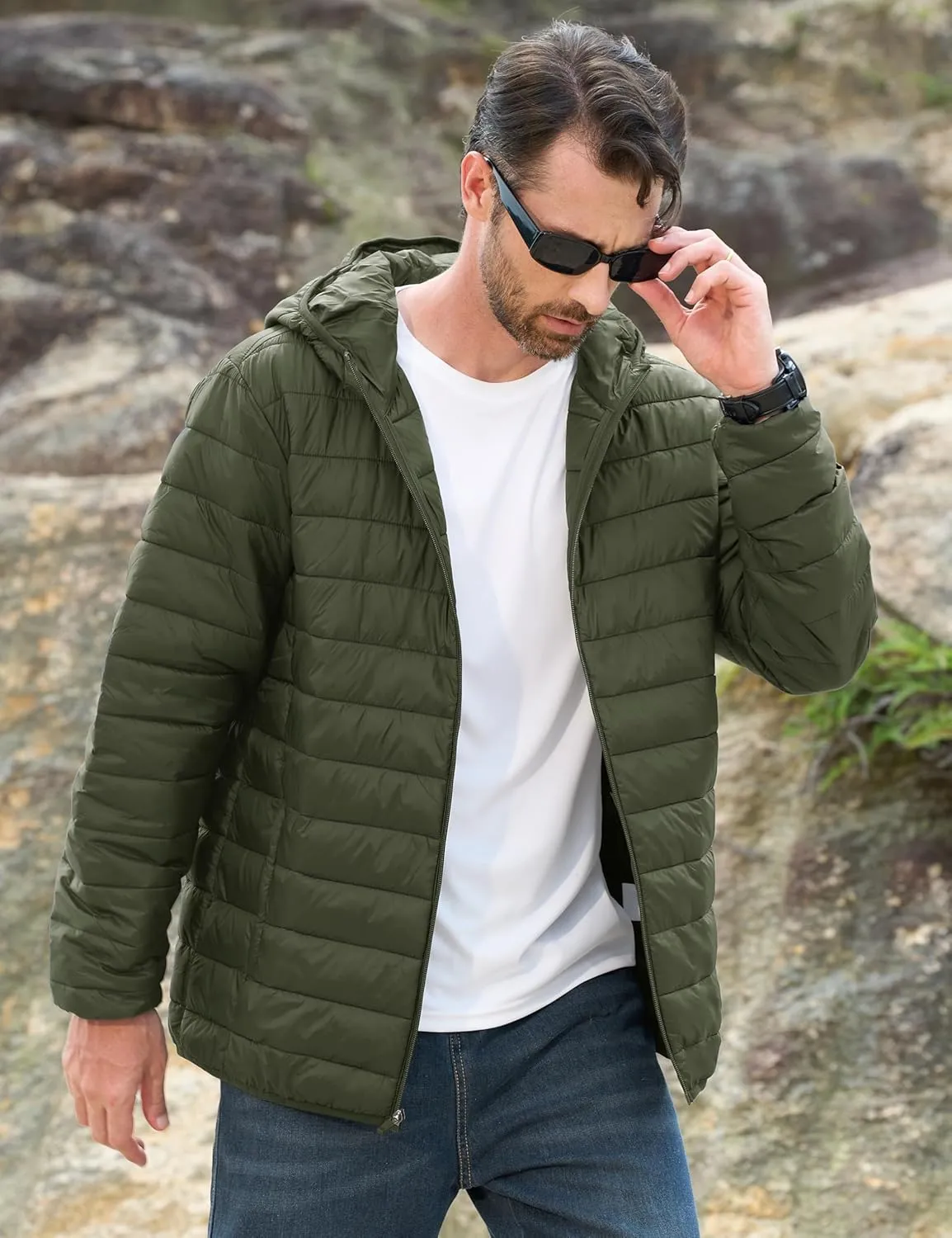 MAGCOMSEN Men's Lightweight Puffer Jacket Hooded Full Zip Water-Resistant Quilted Lined Winter Coats