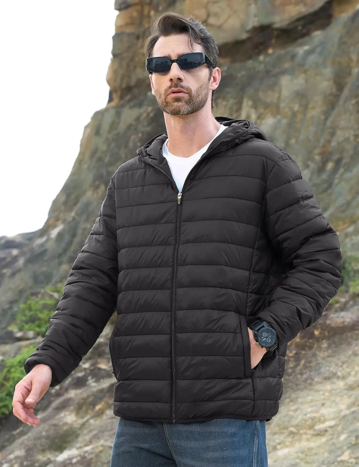 MAGCOMSEN Men's Lightweight Puffer Jacket Hooded Full Zip Water-Resistant Quilted Lined Winter Coats