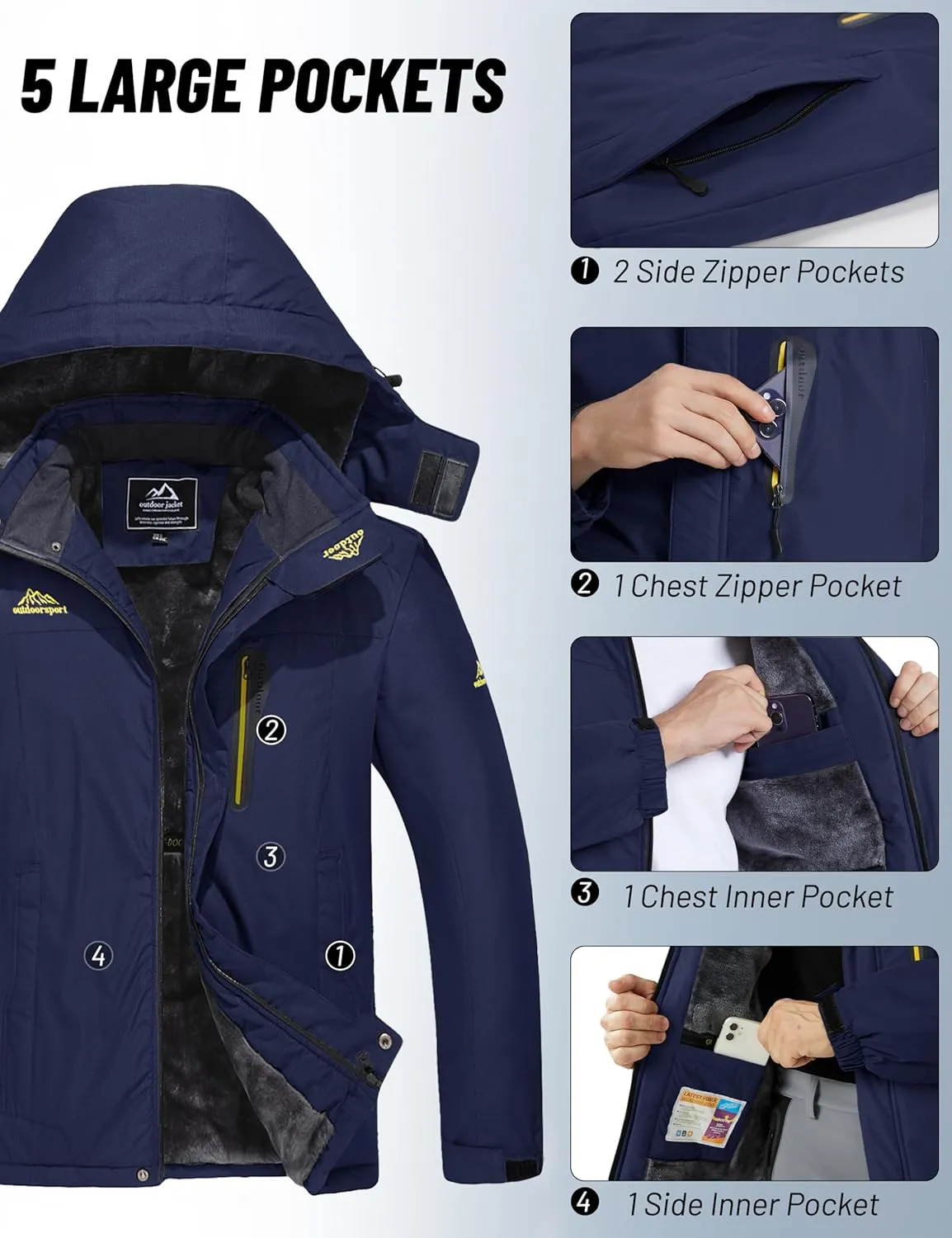 MAGCOMSEN Men's Winter Coats Water Resistant Snow Ski Jacket Fleece Lined Parka 5 Pockets