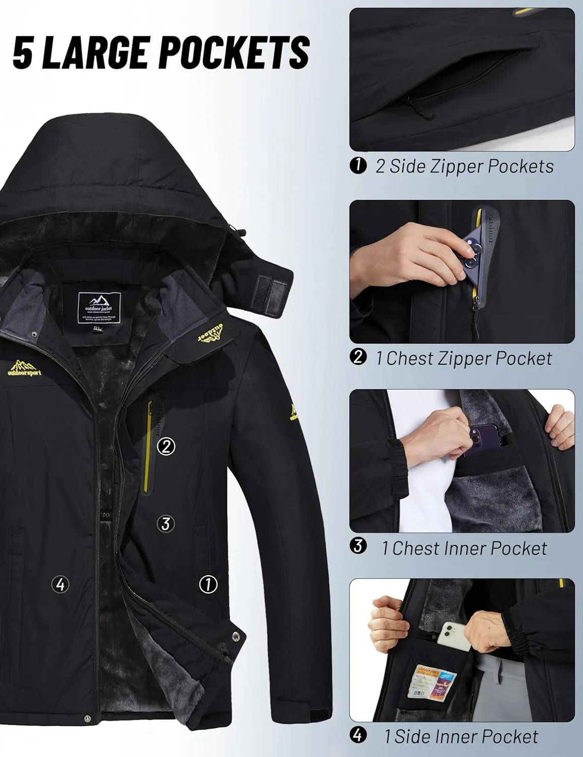 MAGCOMSEN Men's Winter Coats Water Resistant Snow Ski Jacket Fleece Lined Parka 5 Pockets