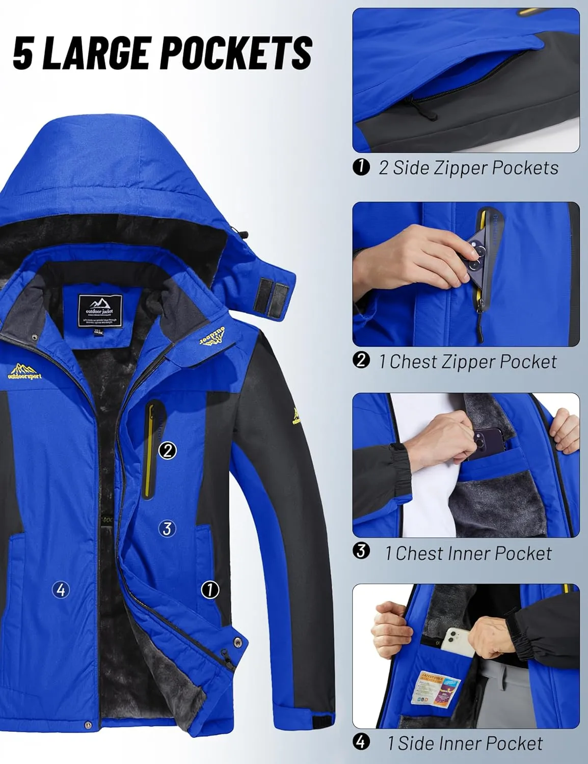 MAGCOMSEN Men's Winter Coats Water Resistant Snow Ski Jacket Fleece Lined Parka 5 Pockets