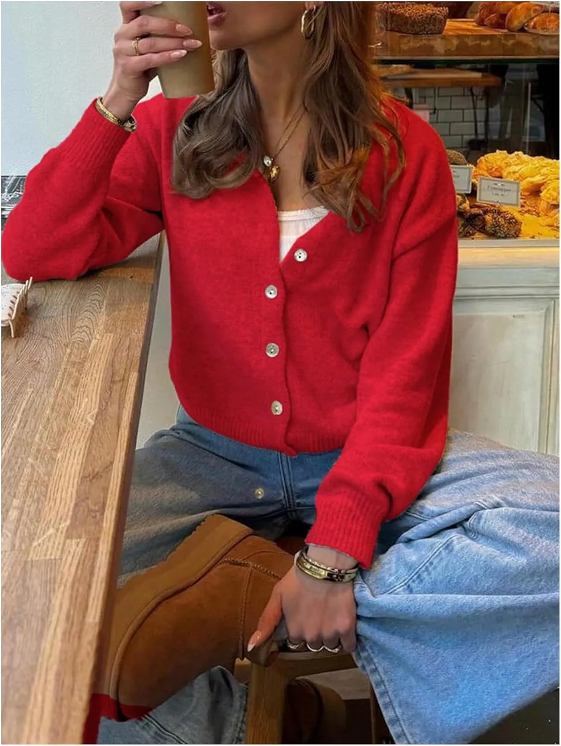 MakeMeChic Women's Button Down Cropped Cardigan Sweater Long Sleeve Knitted Pullover Top