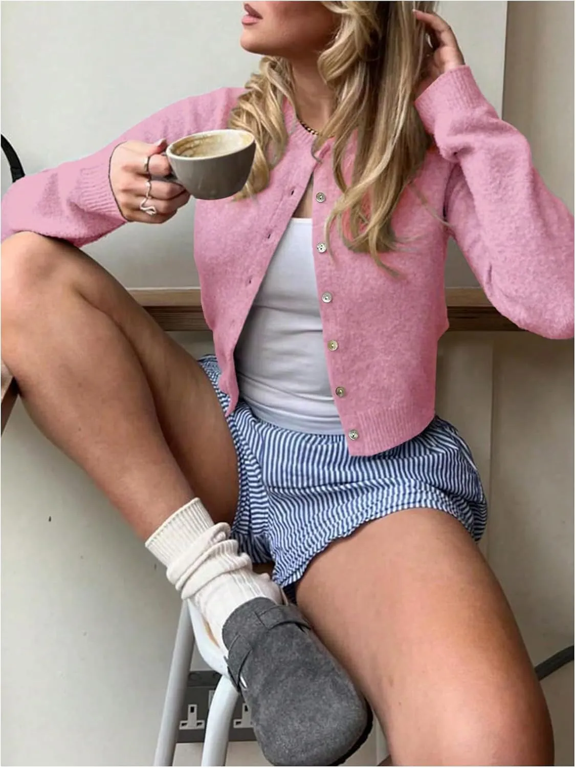 MakeMeChic Women's Button Down Cropped Cardigan Sweater Long Sleeve Knitted Pullover Top