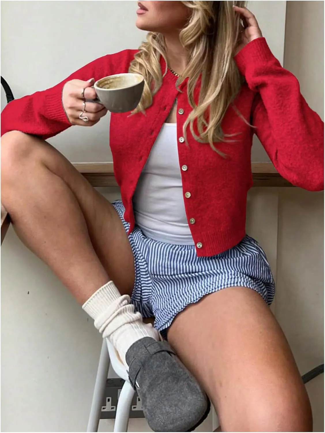 MakeMeChic Women's Button Down Cropped Cardigan Sweater Long Sleeve Knitted Pullover Top