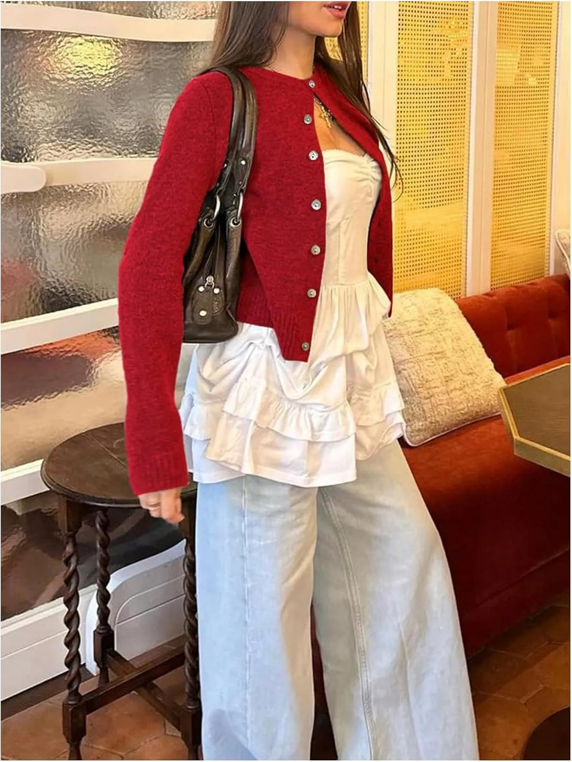 MakeMeChic Women's Button Down Cropped Cardigan Sweater Long Sleeve Knitted Pullover Top