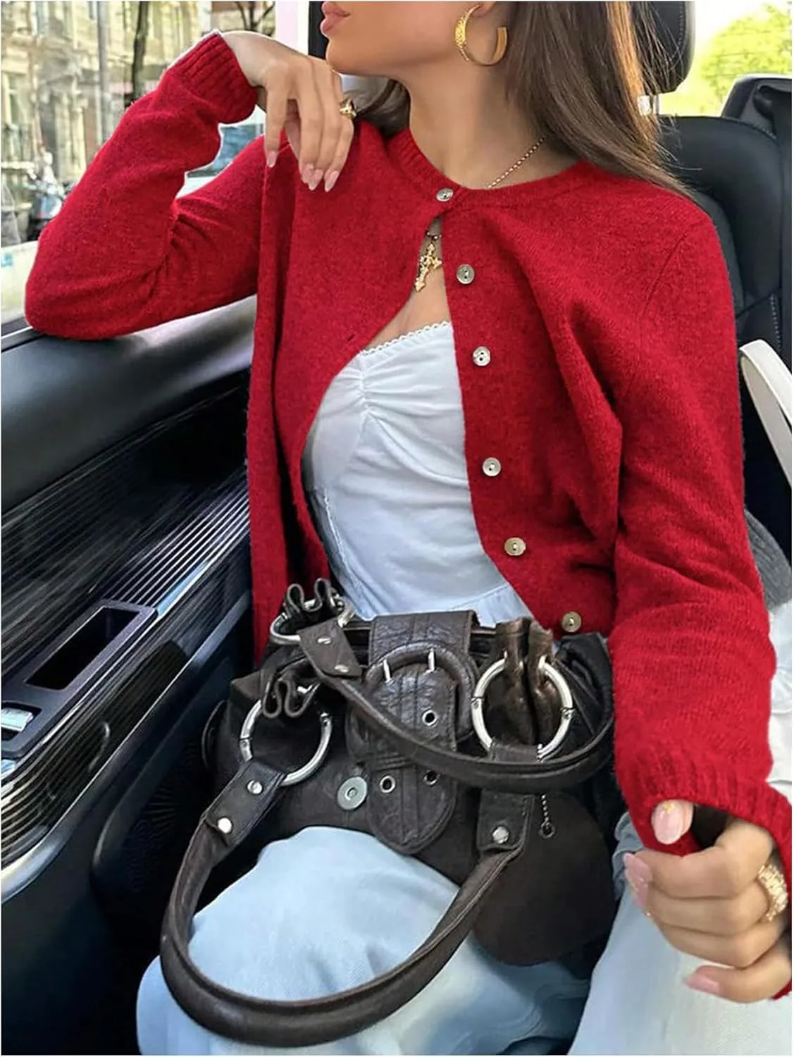 MakeMeChic Women's Button Down Cropped Cardigan Sweater Long Sleeve Knitted Pullover Top