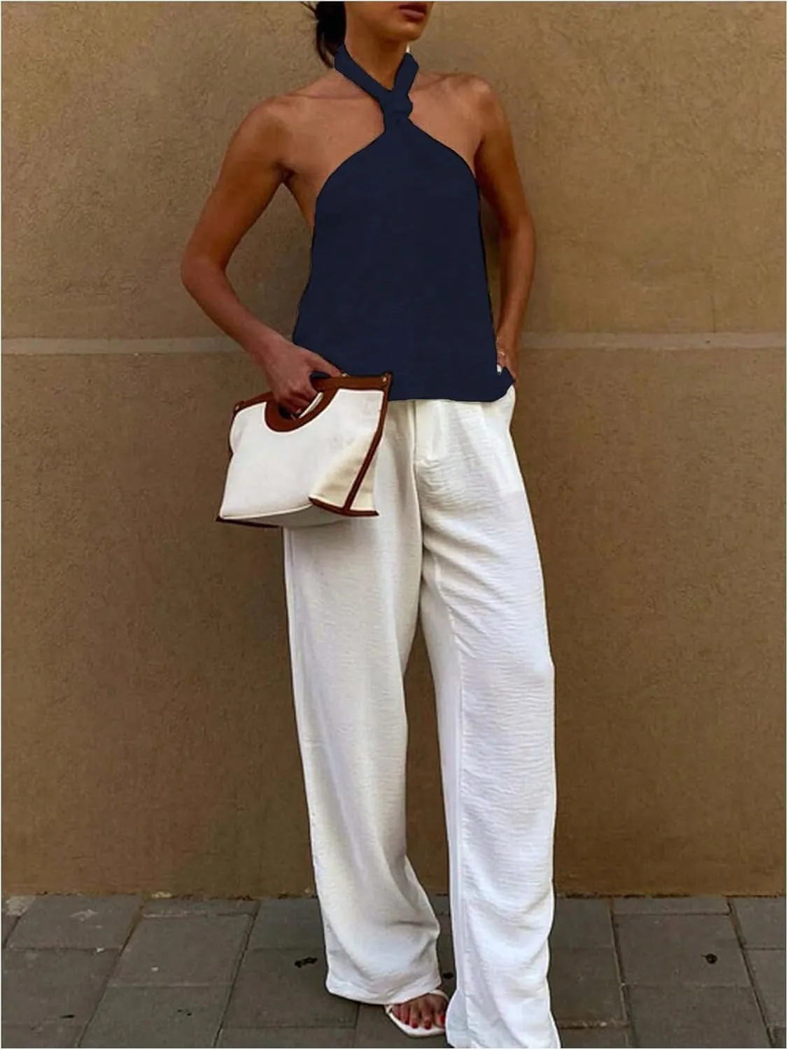 MakeMeChic Women's Textured Sleeveless Tie Backless Slim Fitted Halter Top Summer Shirt