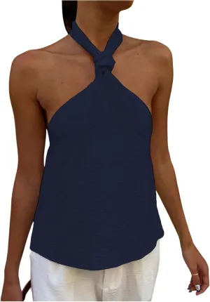 MakeMeChic Women's Textured Sleeveless Tie Backless Slim Fitted Halter Top Summer Shirt
