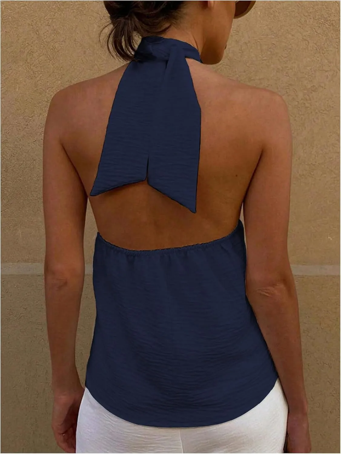 MakeMeChic Women's Textured Sleeveless Tie Backless Slim Fitted Halter Top Summer Shirt