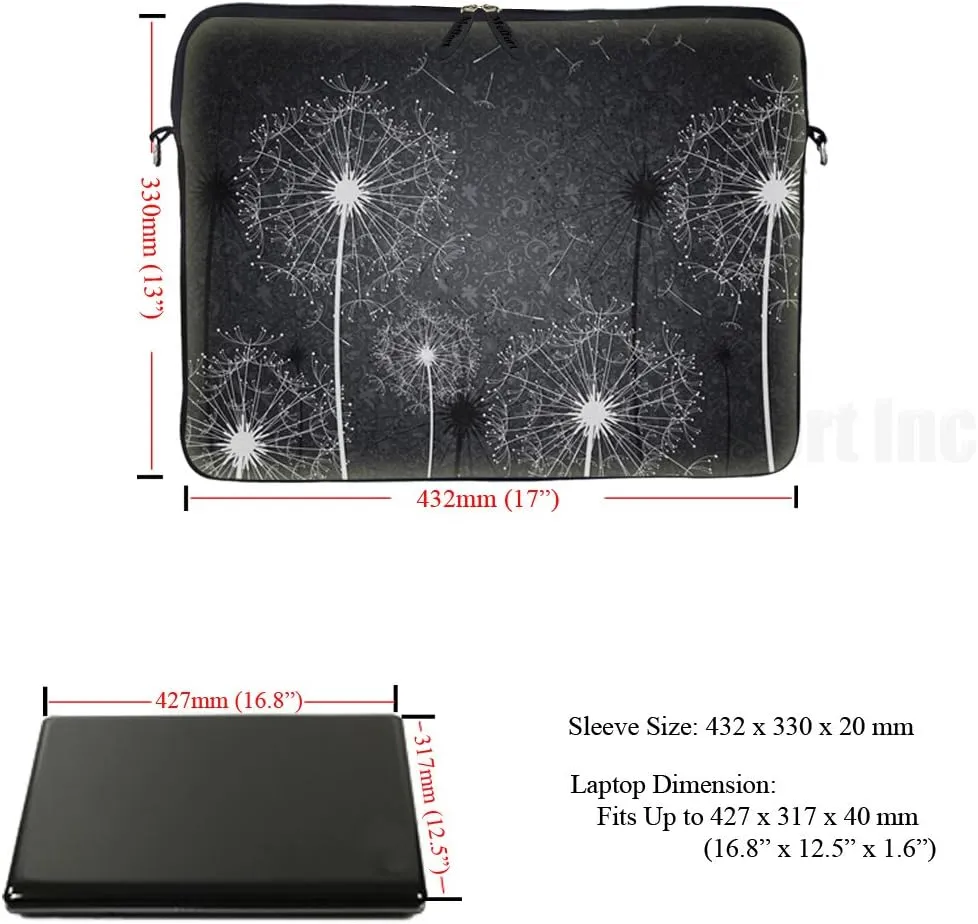 Meffort Inc 17 17.3 inch Neoprene Laptop Sleeve Bag Carrying Case with Hidden Handle and Adjustable Shoulder Strap - Black White Dandelion