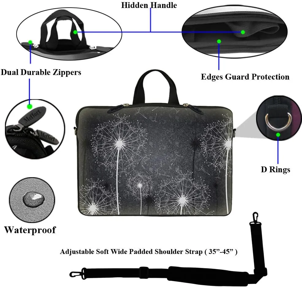 Meffort Inc 17 17.3 inch Neoprene Laptop Sleeve Bag Carrying Case with Hidden Handle and Adjustable Shoulder Strap - Black White Dandelion